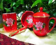 中國紅瓷牡丹商務(wù)四件套
